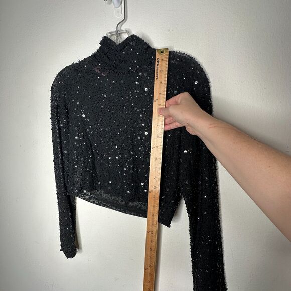 Dyspnea Sheer Black Sequin Mesh Mock Neck Long Sleeve Crop Top Hand Beaded Small - Picture 11 of 11